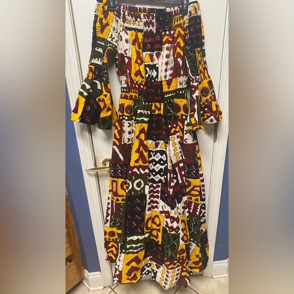 Cultural African Boho Multicolor Bell Sleeve Smock Maxi Dress Pockets One Size - Picture 5 of 9